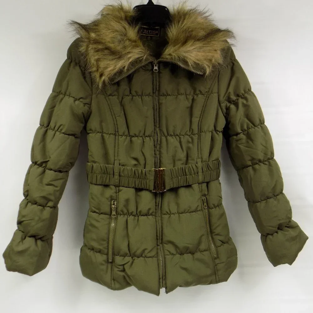 C'Esttoi Chico Belted Puffer Coat Fur Collar Olive Green NEW WITHOUT TAGS - Picture 1 of 10